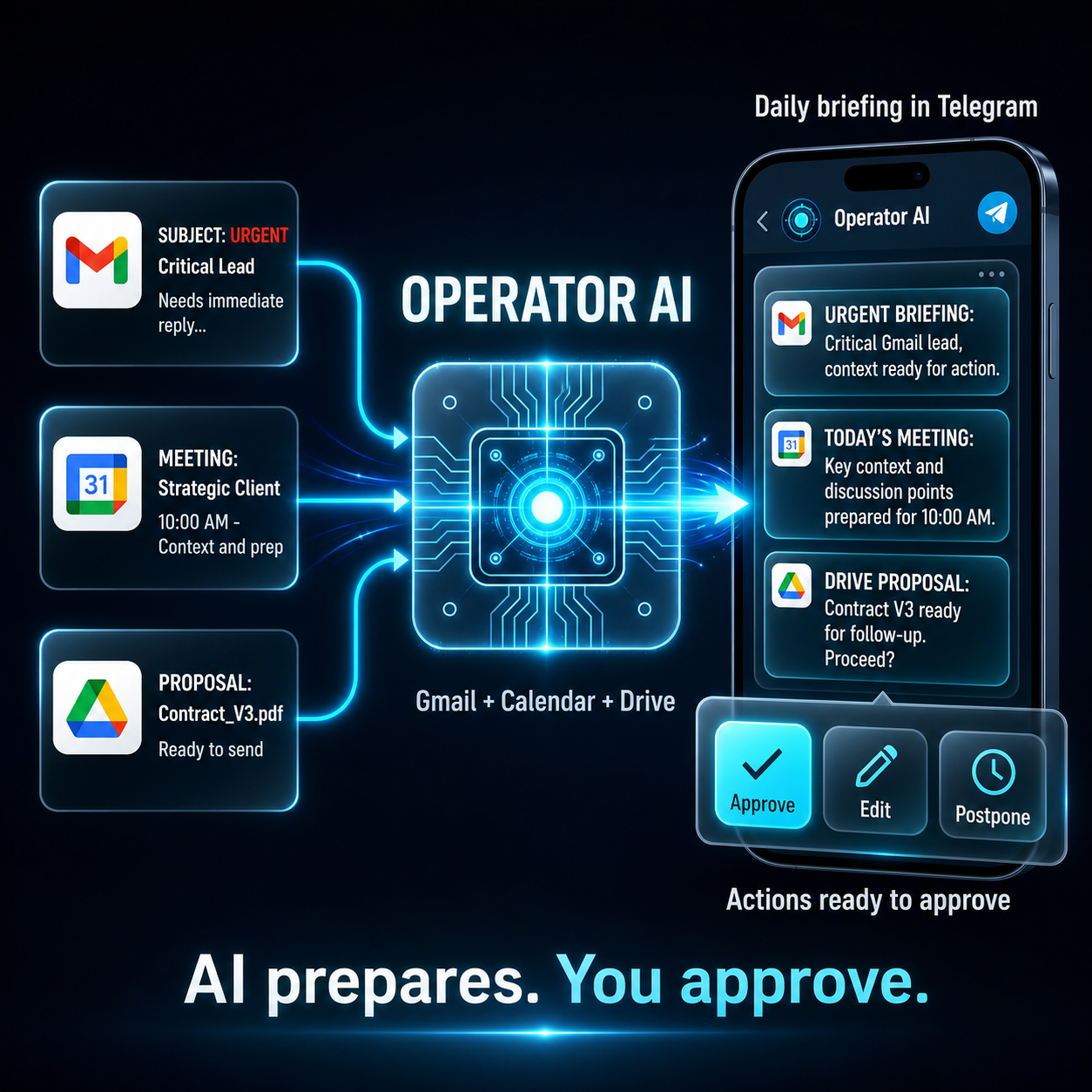 Operator AI turns Gmail, Calendar and Drive into Telegram briefings with actions to approve